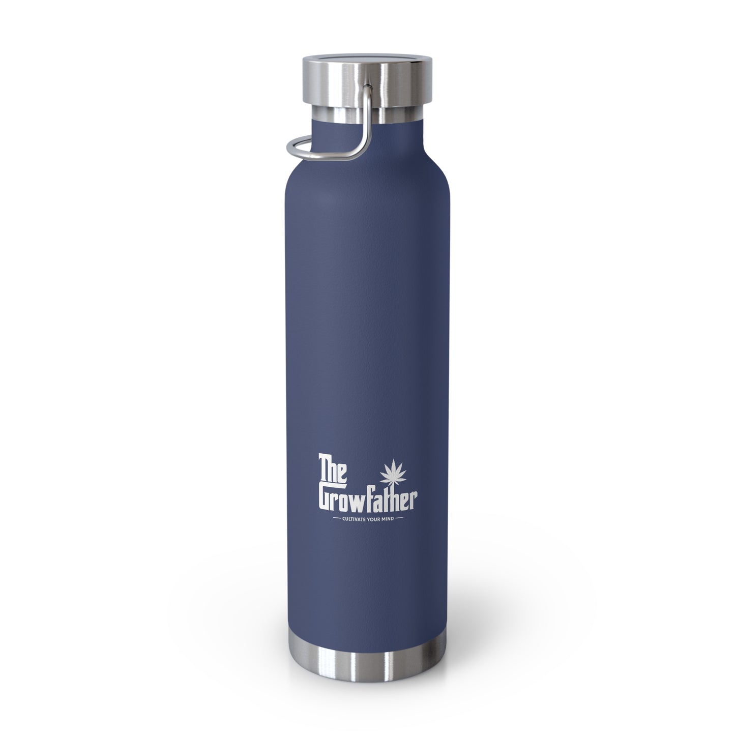 22oz Insulated Water Bottle — Navy Copper Vacuum Flask with Botanical Crest