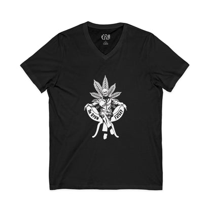 Growfather V-Neck Tee — Cannabis Leaf Skeleton Graphic Shirt