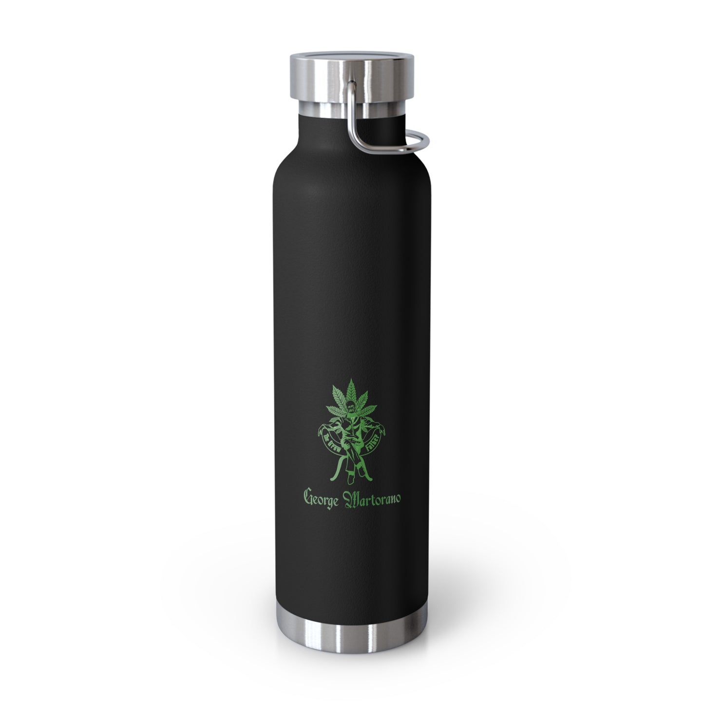 22oz Copper Vacuum Water Bottle — Matte Black with Green Botanical Logo