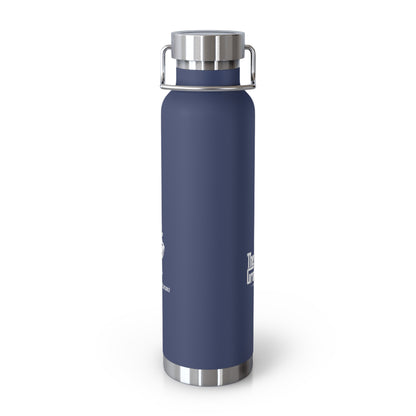 22oz Insulated Water Bottle — Navy Copper Vacuum Flask with Botanical Crest