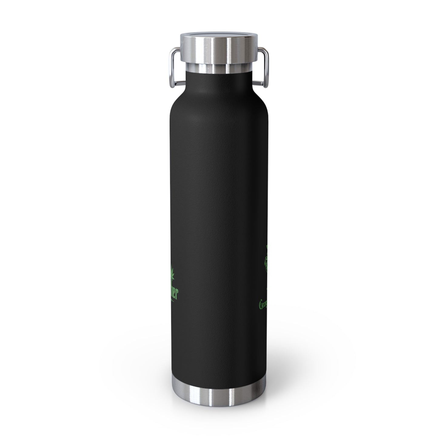 22oz Copper Vacuum Water Bottle — Matte Black with Green Botanical Logo