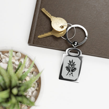 Engraved Rectangle Metal Keyring — Retro Pinup with Cannabis Leaf Design