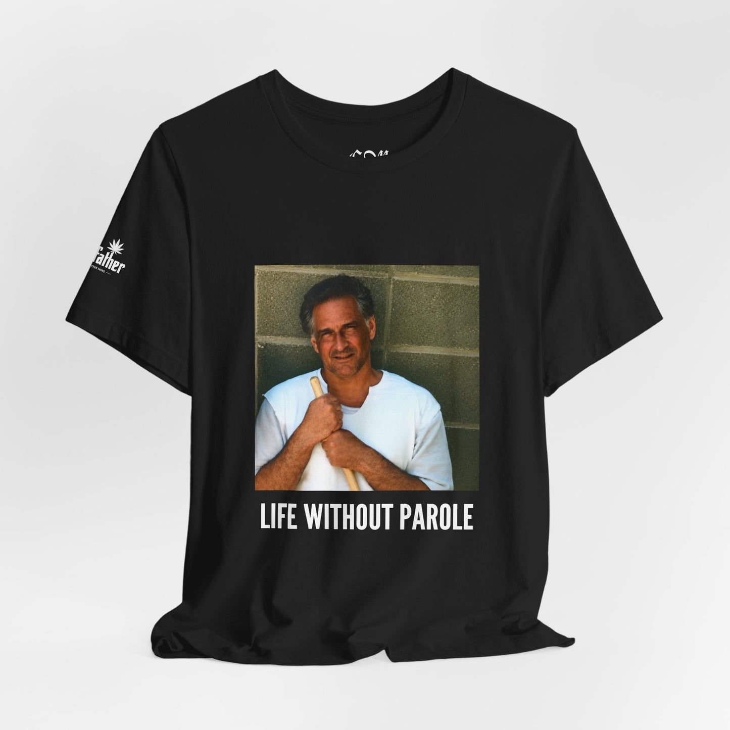 Life Without Parole Graphic Tee — Bold Photo & Leaf Emblem Shirt