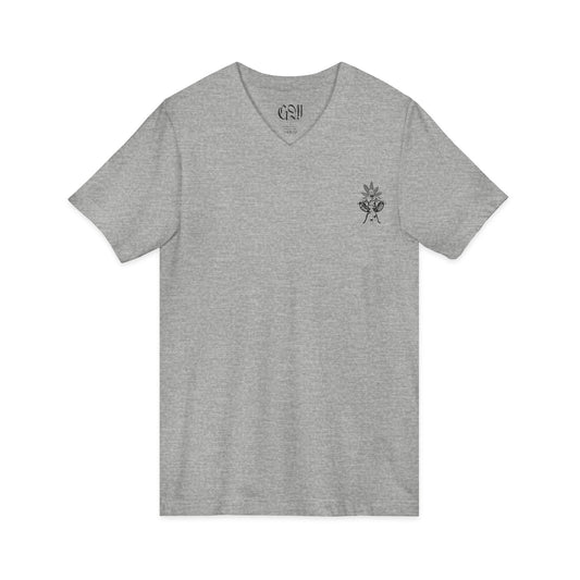 The Growfather V-Neck Tee — Small Chest Plant Logo & Back Text