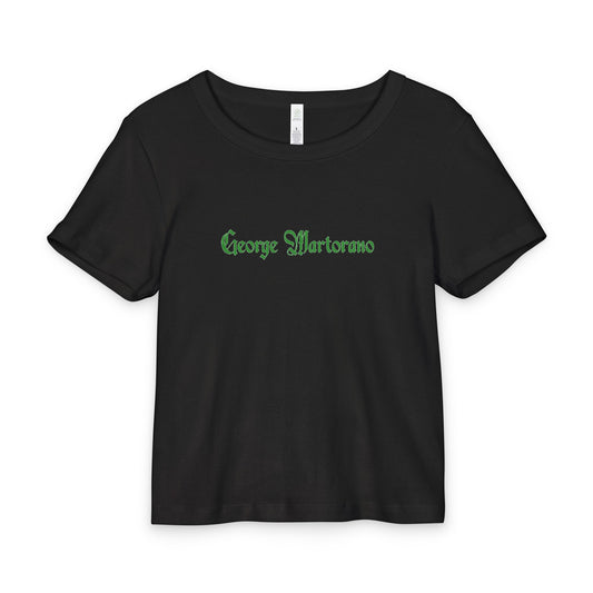 George Moretomo Black Baby Tee — Green Gothic Name Print