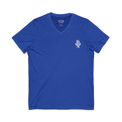 V-Neck Tee — Minimal Floral Chest Logo, Subtle Back Script