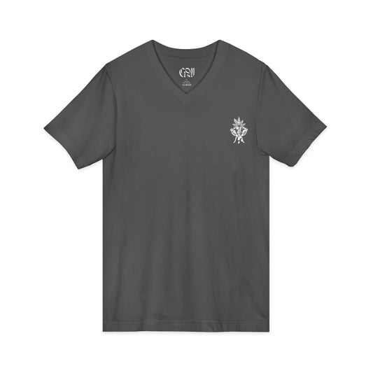 The Growfather V-Neck Tee — Small Chest Emblem & Back Logo