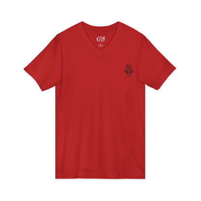 V-Neck Tee — Minimal Rose Chest & 'The Traveler' Back Graphic