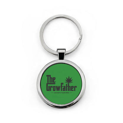 Round Stainless Steel Keychain — "The Growfather" Green Cannabis Logo Key Ring