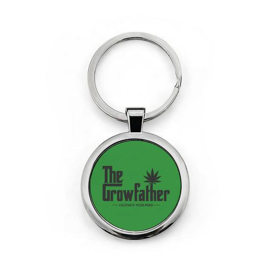 Round Stainless Steel Keychain — "The Growfather" Green Cannabis Logo Key Ring