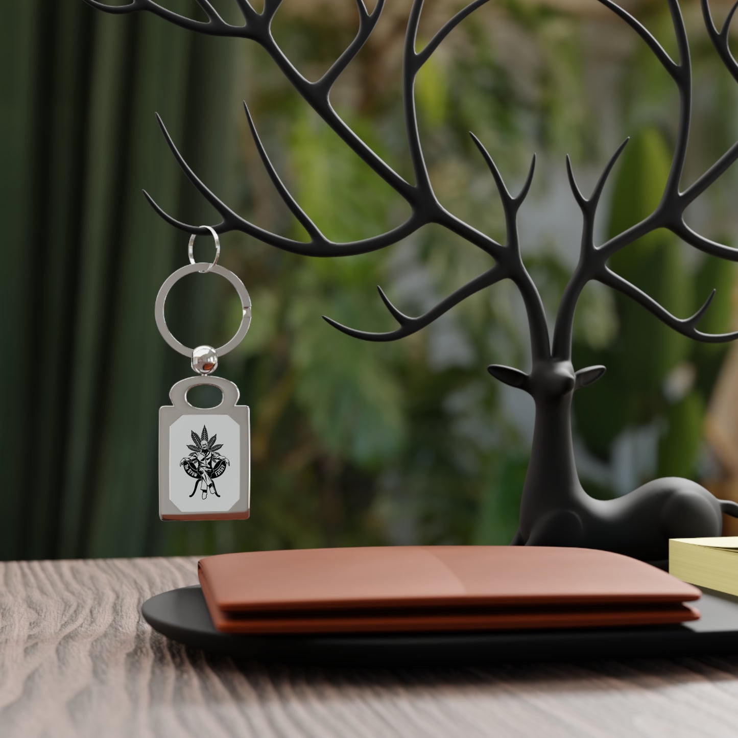 Engraved Rectangle Metal Keyring — Retro Pinup with Cannabis Leaf Design