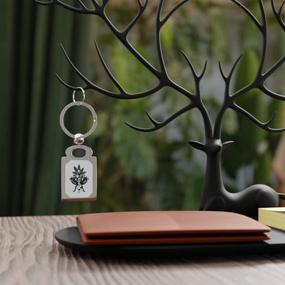Engraved Rectangle Metal Keyring — Retro Pinup with Cannabis Leaf Design