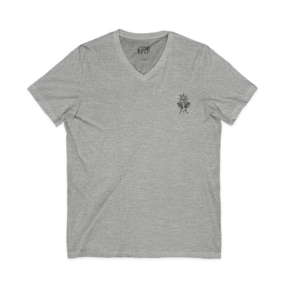 The Growfather V-Neck Tee — Small Chest Plant Logo & Back Text