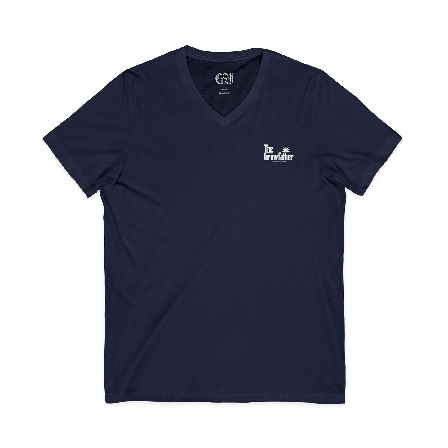 V-Neck Tee — 'The Grindfather' Minimal Logo Chest & Floral Back