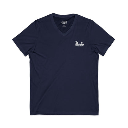 V-Neck Tee — 'The Grindfather' Minimal Logo Chest & Floral Back