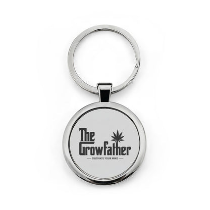 The Growfather Stainless Steel Round Keychain — Cannabis-Themed Keyring Gift