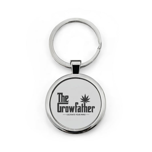 The Growfather Stainless Steel Round Keychain — Cannabis-Themed Keyring Gift