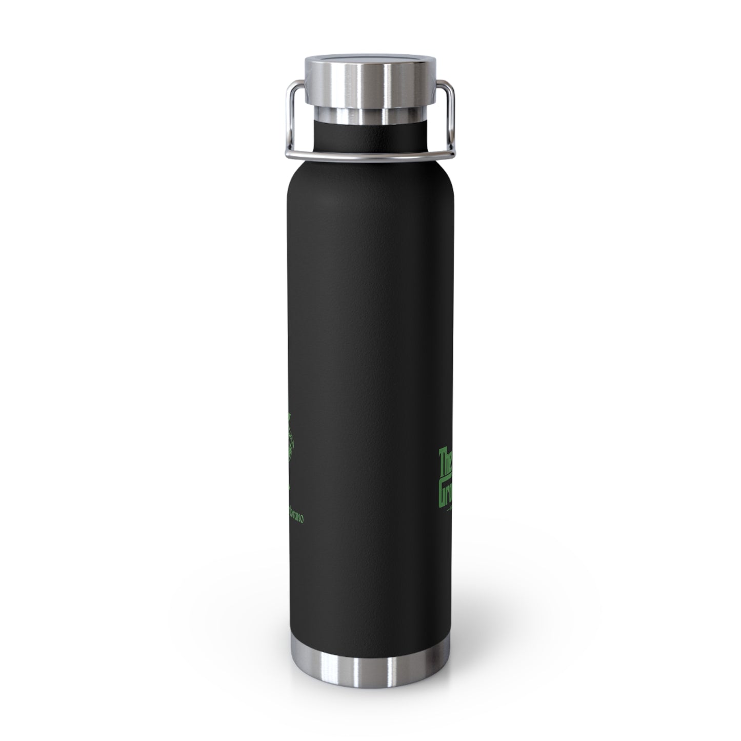 22oz Copper Vacuum Water Bottle — Matte Black with Green Botanical Logo