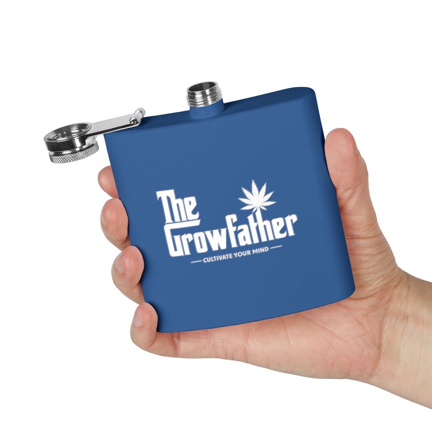 The Growfather Stainless Steel Flask — 6oz Blue Hip Flask with Cannabis Logo