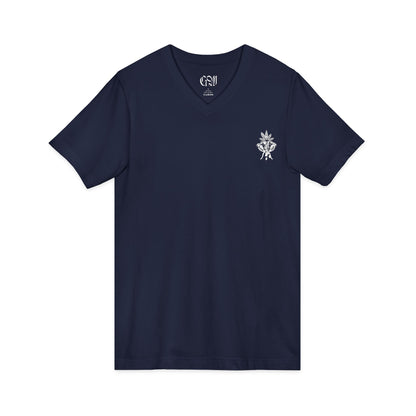 V-Neck Tee - 'The Growfather' Logo Chest & Back Cannabis Gardener Shirt
