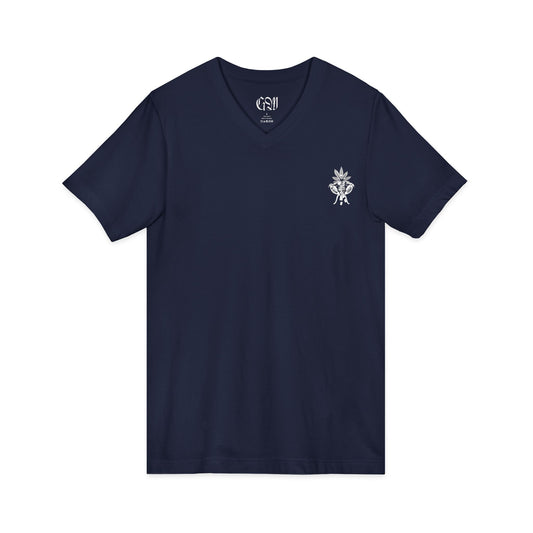 V-Neck Tee - 'The Growfather' Logo Chest & Back Cannabis Gardener Shirt