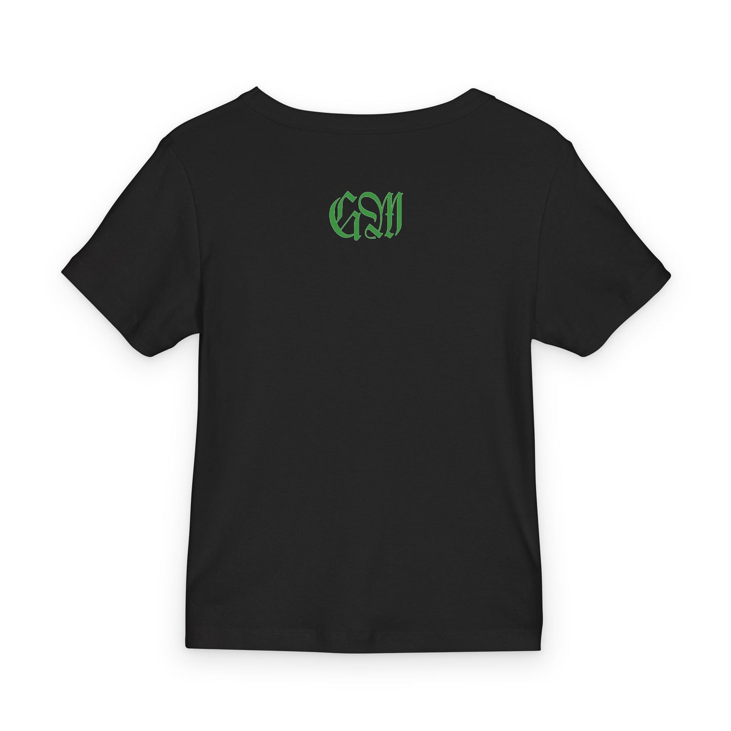 George Moretomo Black Baby Tee — Green Gothic Name Print