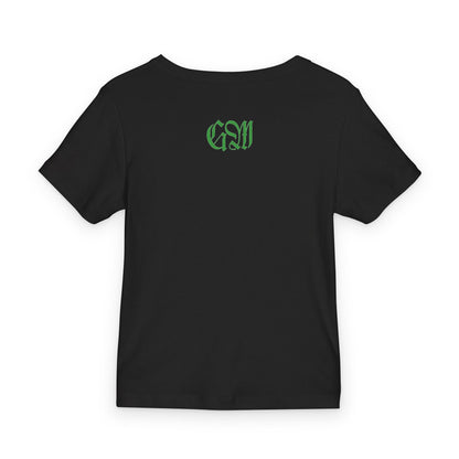 George Moretomo Black Baby Tee — Green Gothic Name Print