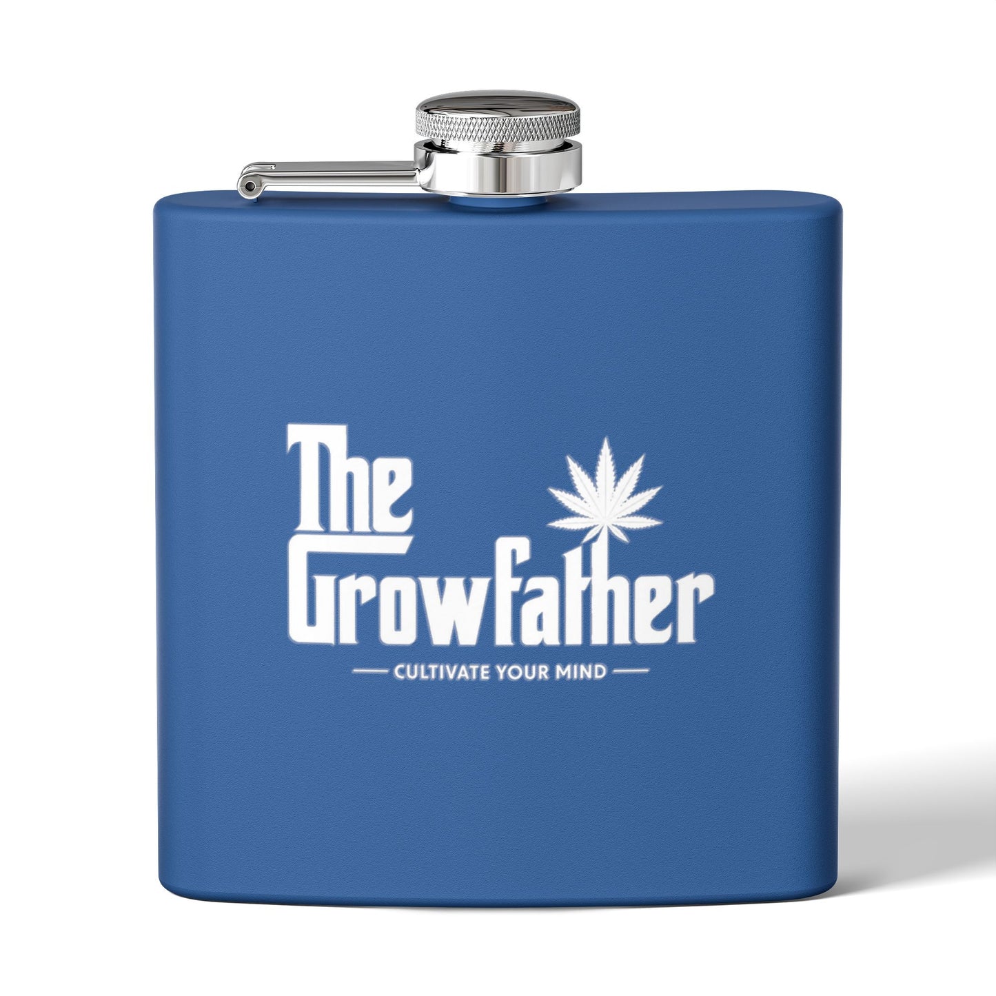 The Growfather Stainless Steel Flask — 6oz Blue Hip Flask with Cannabis Logo