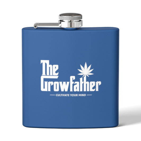 The Growfather Stainless Steel Flask — 6oz Blue Hip Flask with Cannabis Logo
