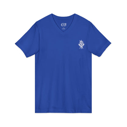 V-Neck Tee — Minimal Floral Chest Logo, Subtle Back Script