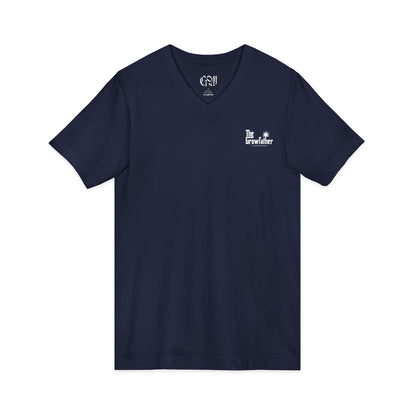V-Neck Tee — 'The Grindfather' Minimal Logo Chest & Floral Back