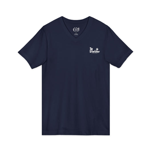 V-Neck Tee — 'The Grindfather' Minimal Logo Chest & Floral Back