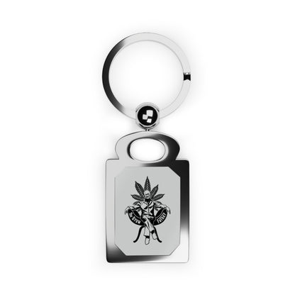 Engraved Rectangle Metal Keyring — Retro Pinup with Cannabis Leaf Design