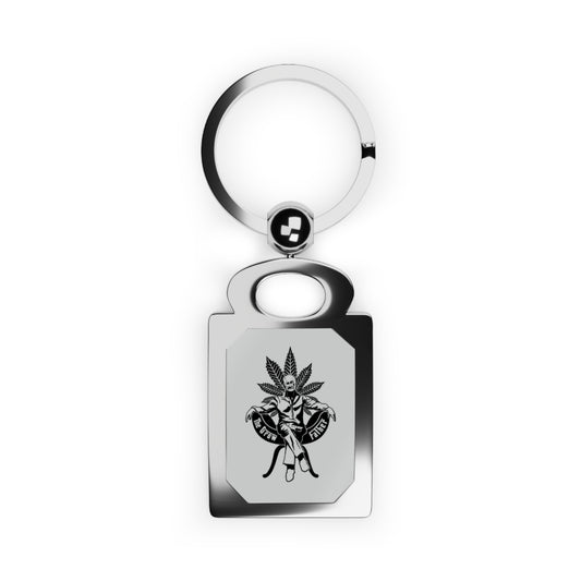 Engraved Rectangle Metal Keyring — Retro Pinup with Cannabis Leaf Design