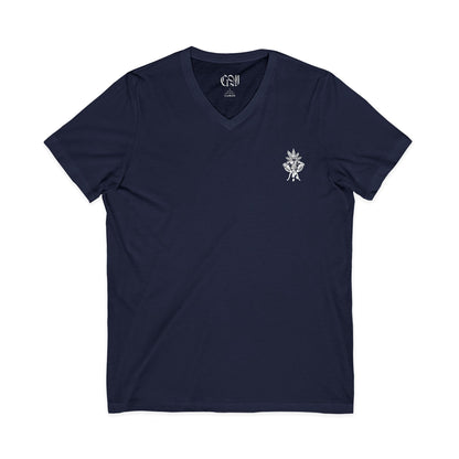 V-Neck Tee - 'The Growfather' Logo Chest & Back Cannabis Gardener Shirt
