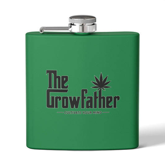 Flask — "The Growfather" 6oz Stainless Steel Hip Flask (Cannabis Gift)